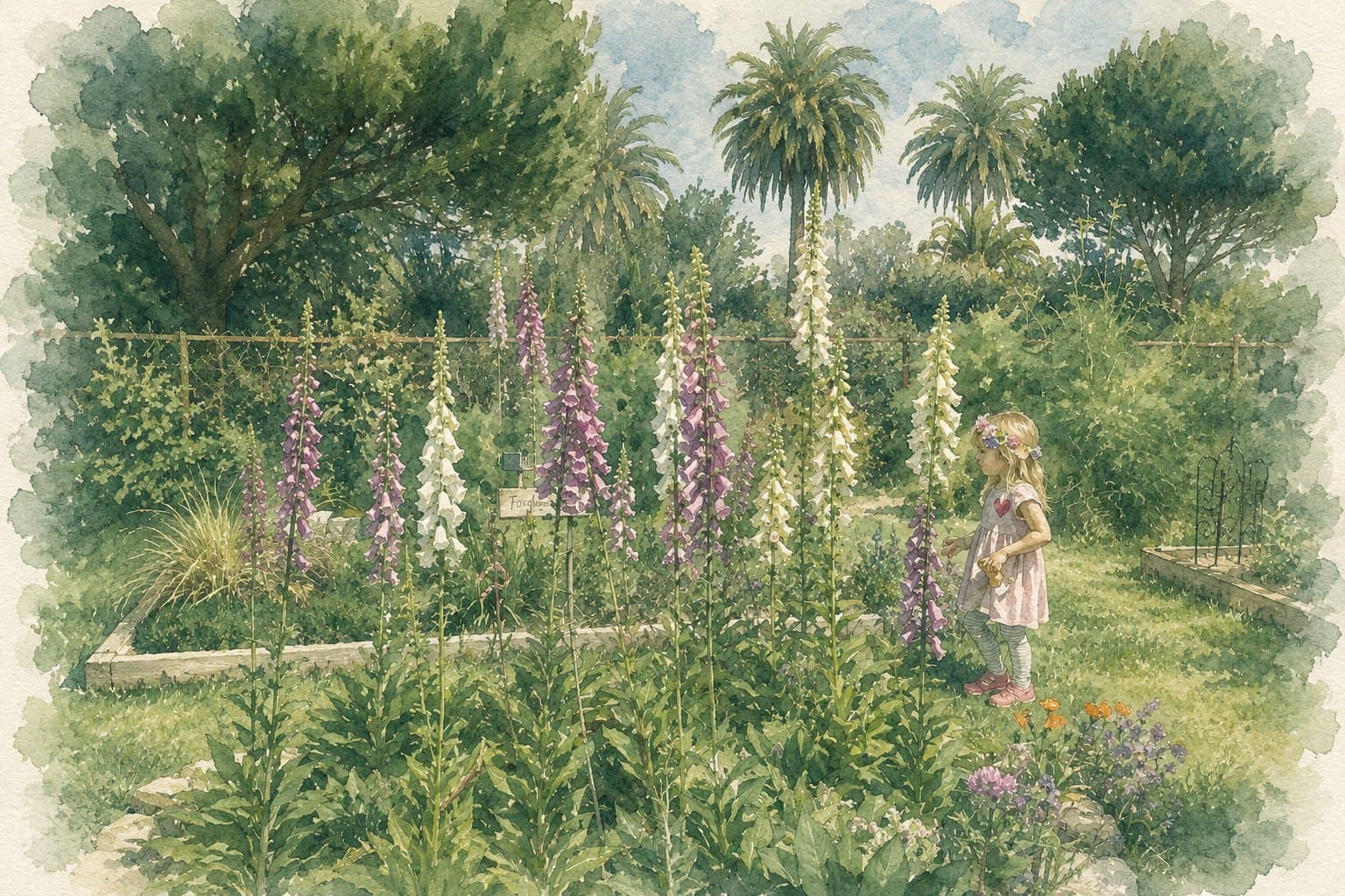 A watercolor illustration of a child exploring a sunlit garden of tall foxgloves in bloom