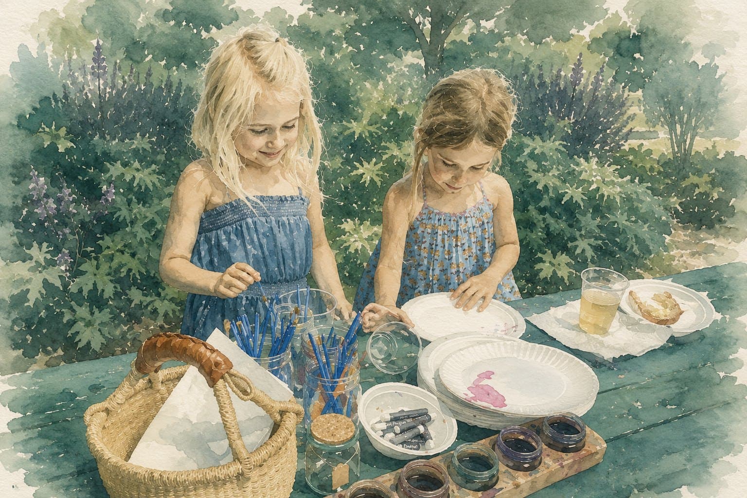 A watercolor illustration of two children painting at a garden table, with brushes, jars, and a basket in soft natural light