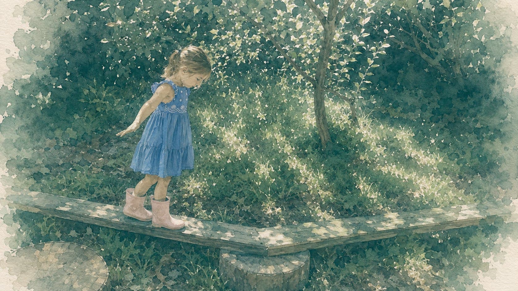A watercolor illustration of a child in a blue dress balancing along a garden beam beneath leafy trees
