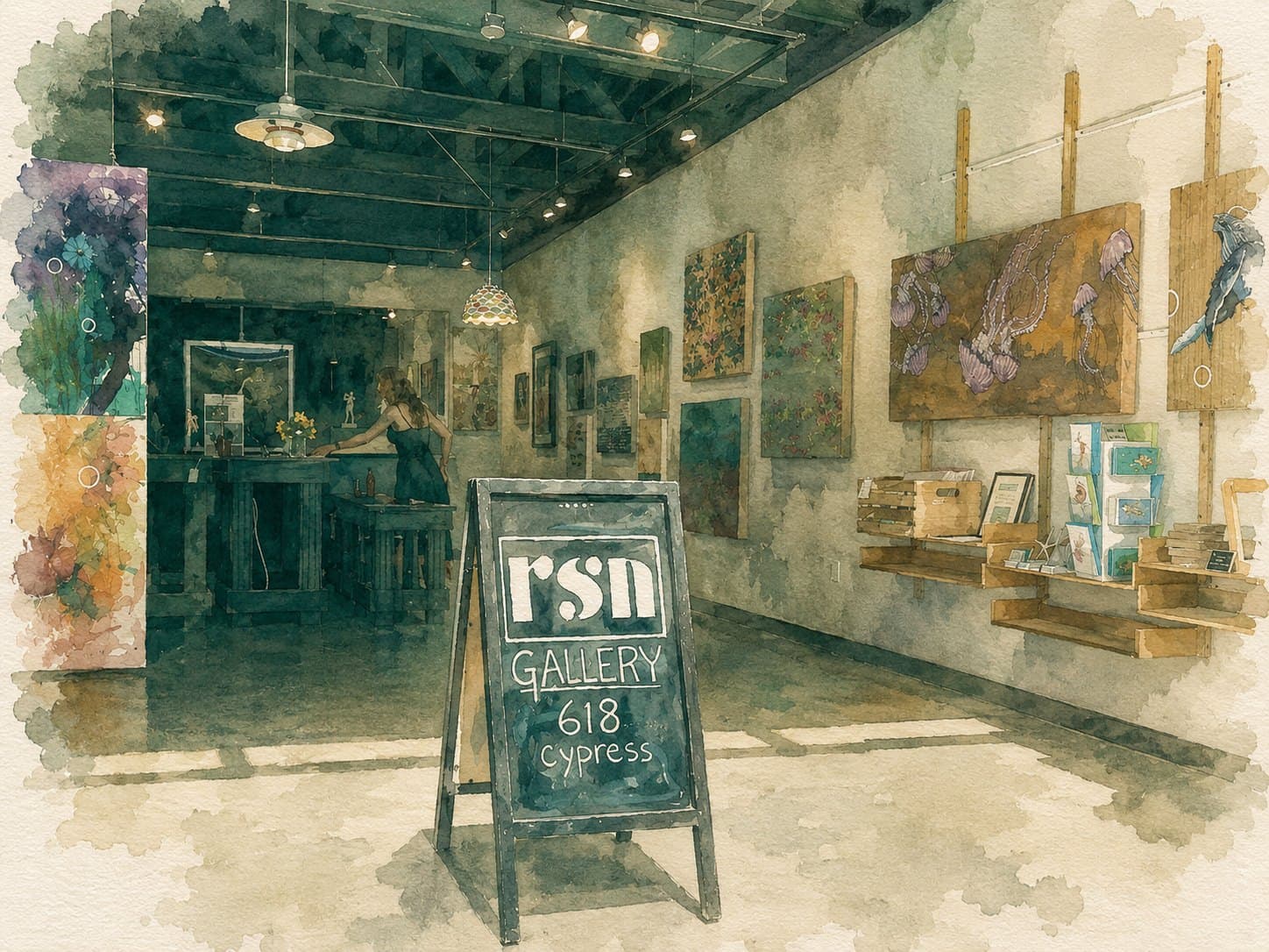 A watercolor illustration of the interior of Resin, the art gallery and creative studio in Hermosa Beach, with paintings lining the walls