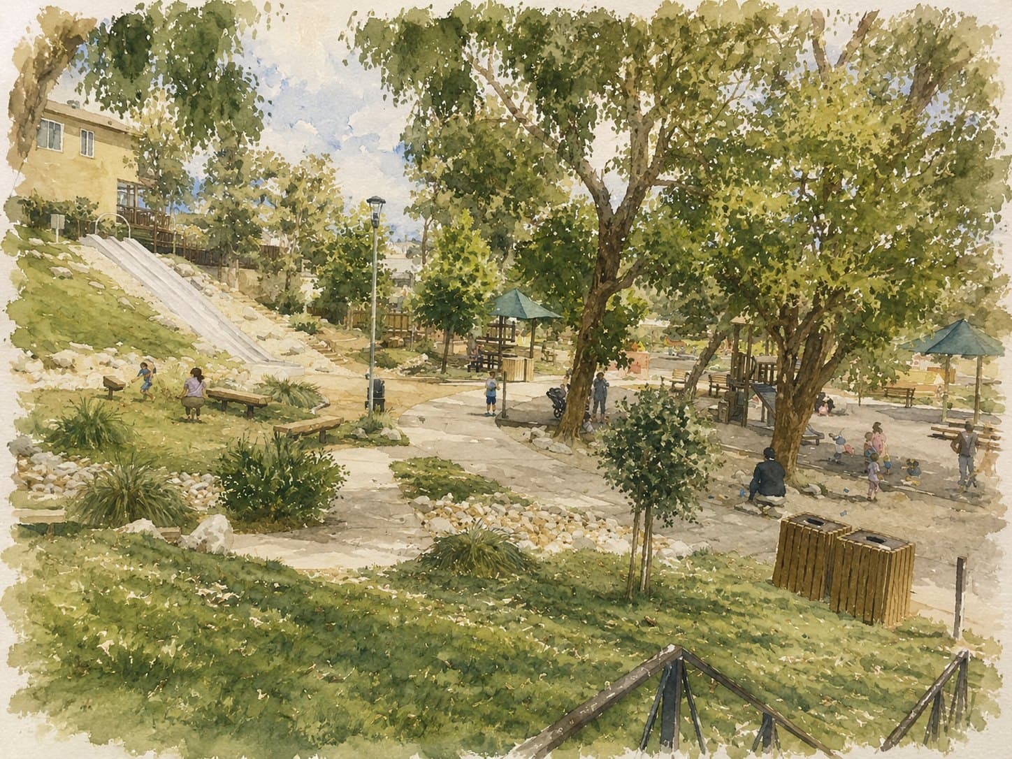 A watercolor illustration of South Park in Hermosa Beach, with shaded play areas, winding paths, and trees